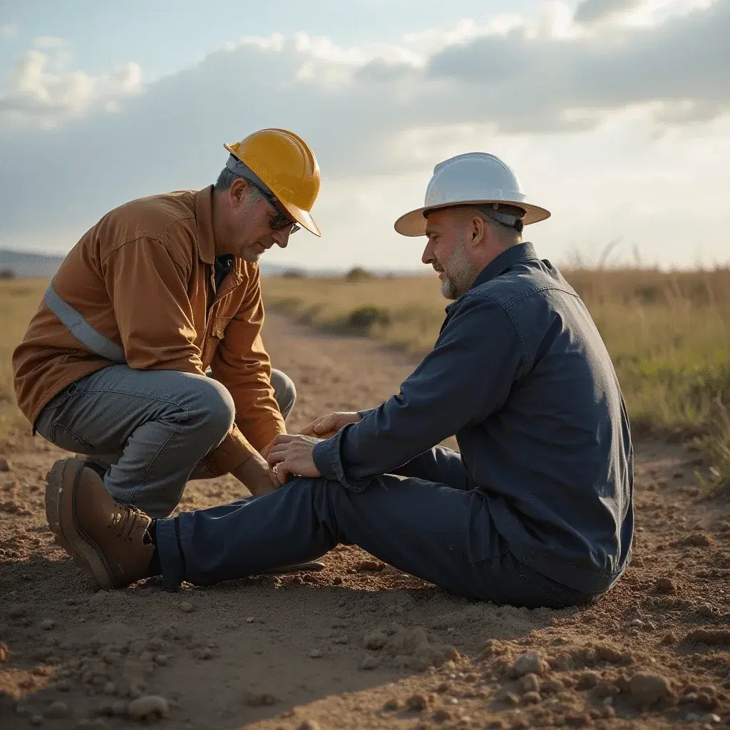A worker checking a colleague's injured ankle on an open rural work site
