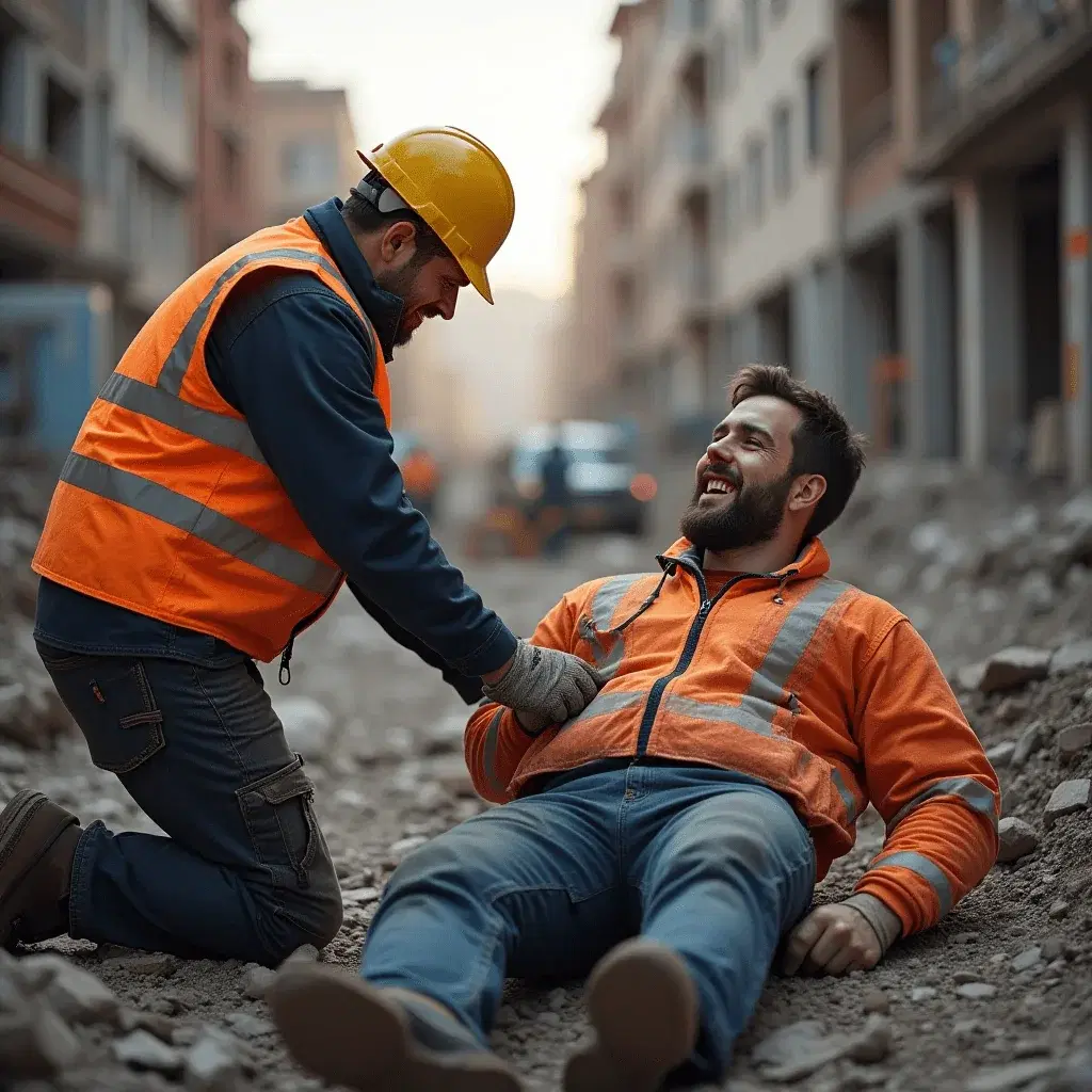 A worker kneeling beside an injured colleague on a city building site