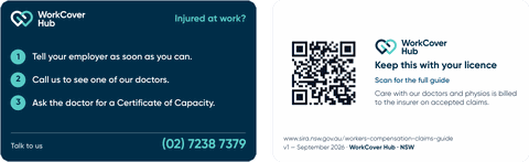 Preview of the wallet card: Injured at work? Three steps for your wallet.