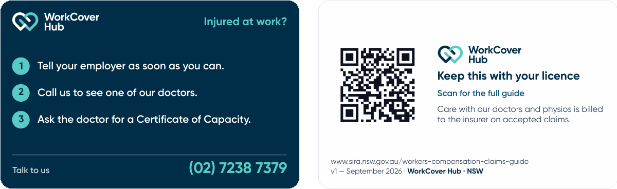 Page 1 of the wallet card “Injured at work? Three steps for your wallet”