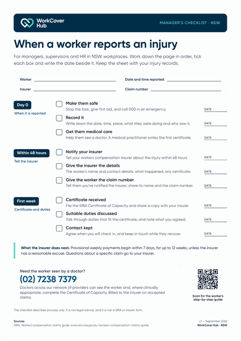 Preview of the checklist: When a worker reports an injury: a manager’s checklist
