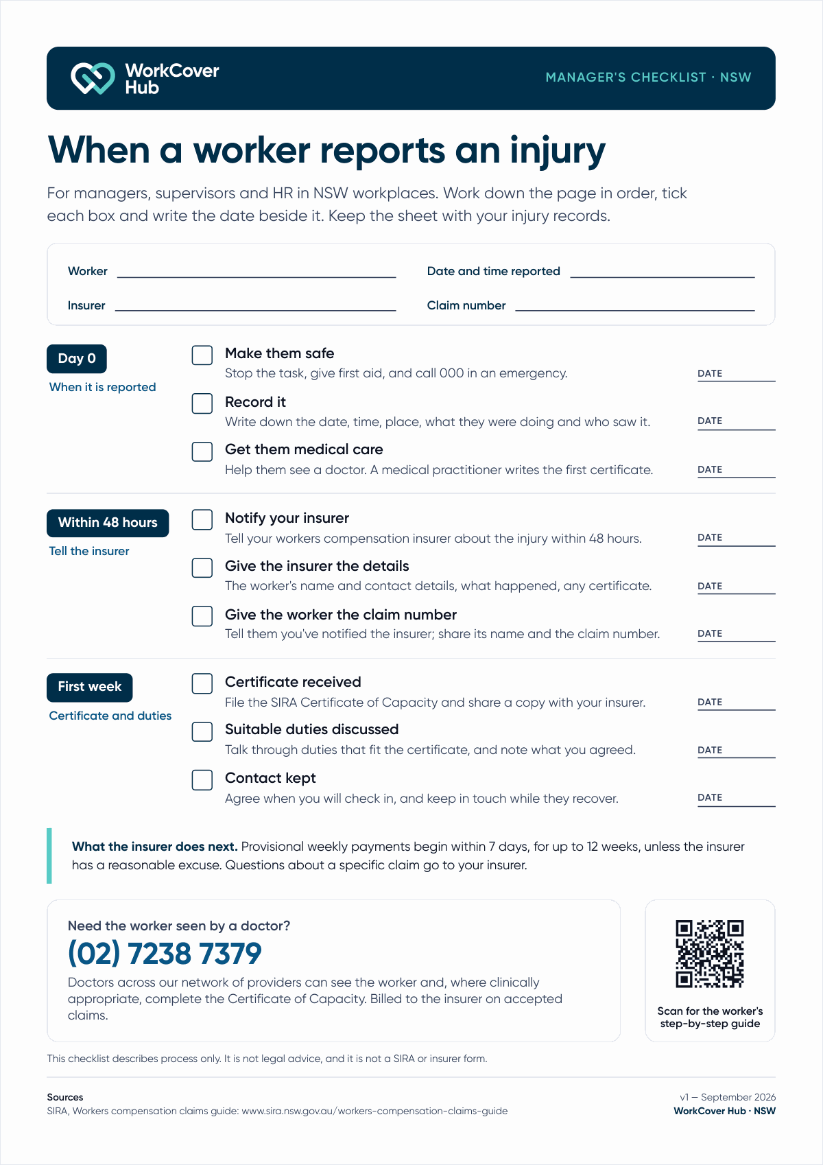 Page 1 of the checklist “When a worker reports an injury: a manager’s checklist”