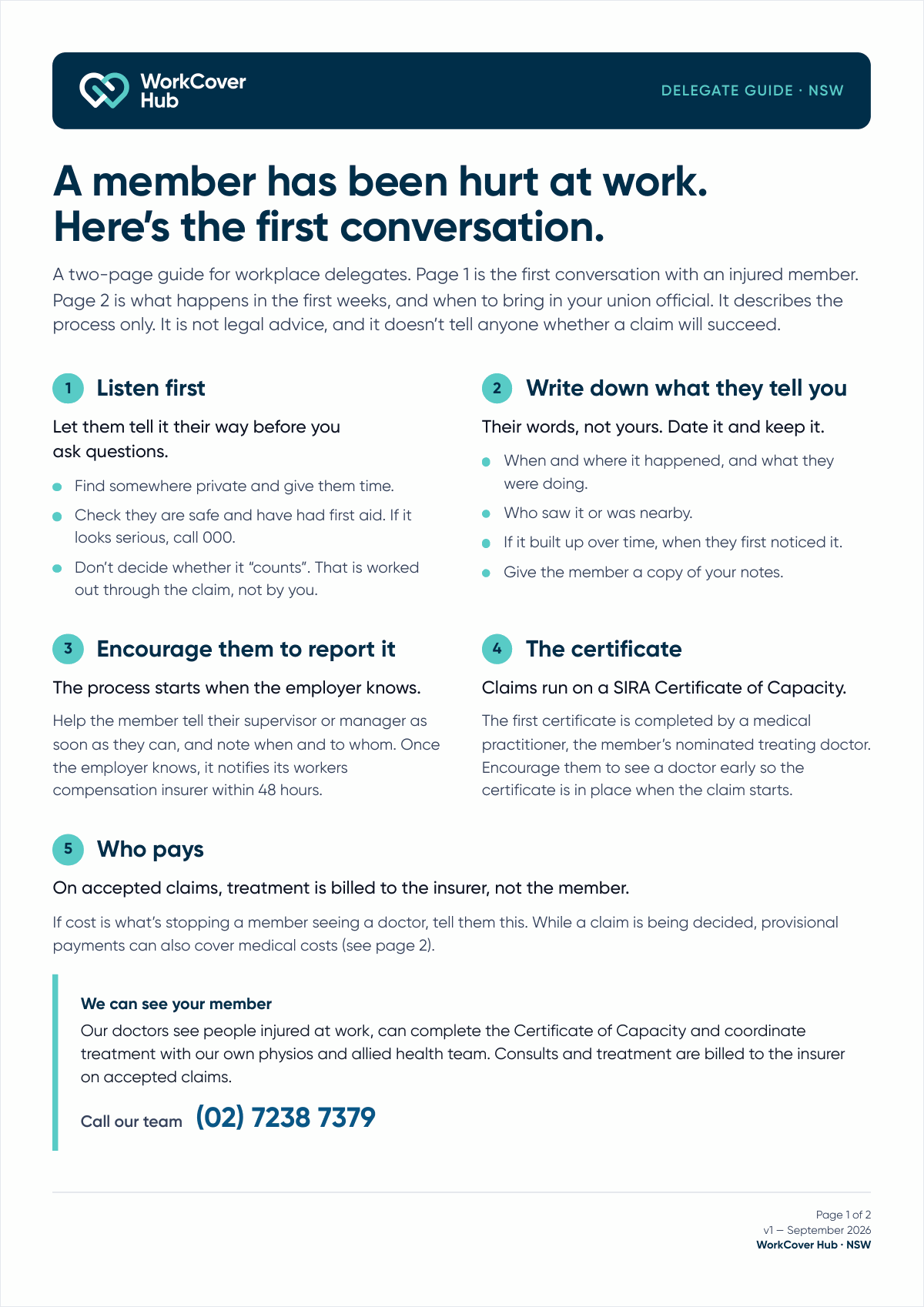Page 1 of the guide “Union delegate guide: when a member is hurt at work”